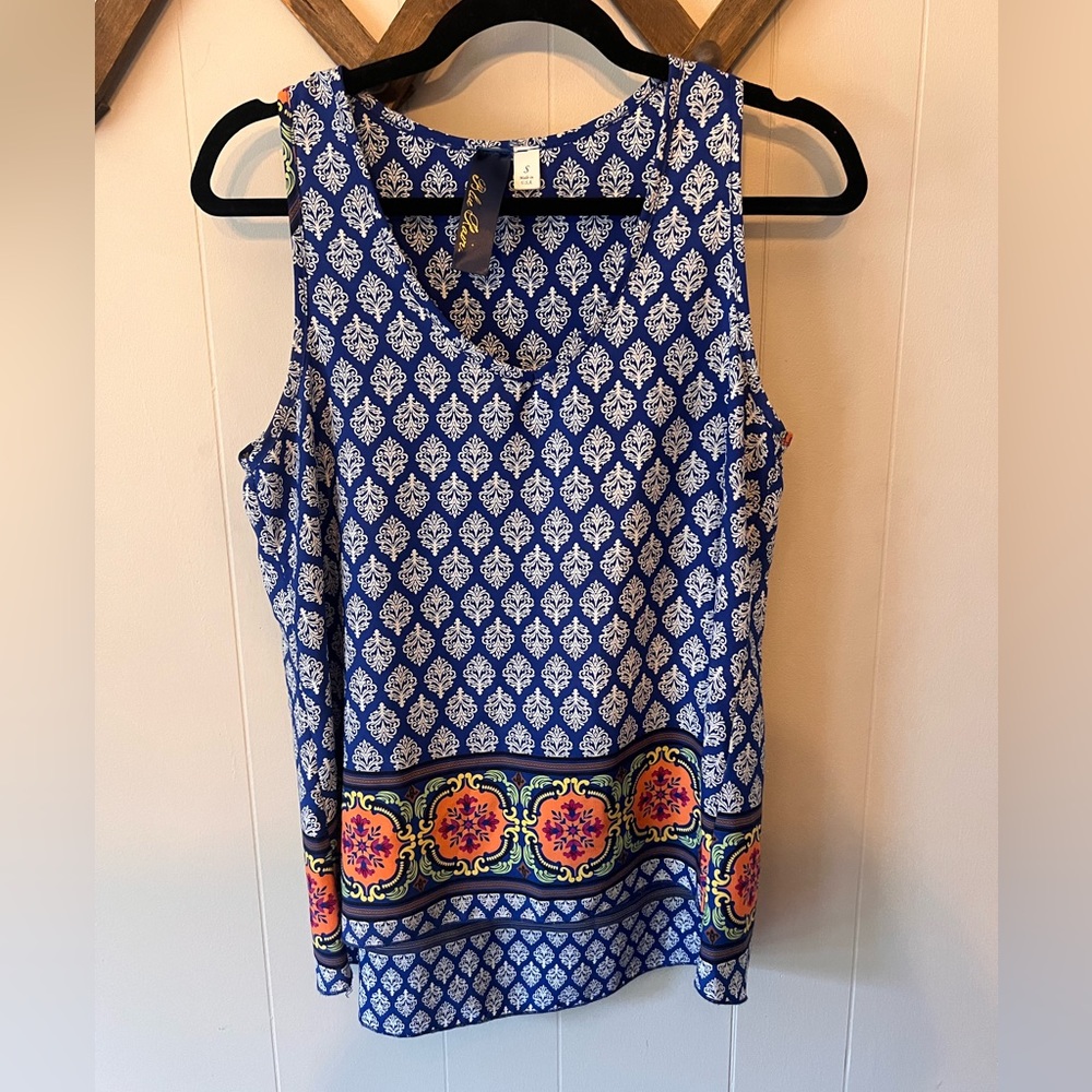 Greek tile/Spanish tile sleeveless top; colorful and detailed